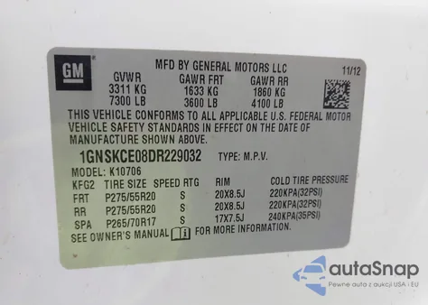 2013 Chevrolet Tahoe Ltz from USA, damaged, VIN 1GNSKCE08DR229032